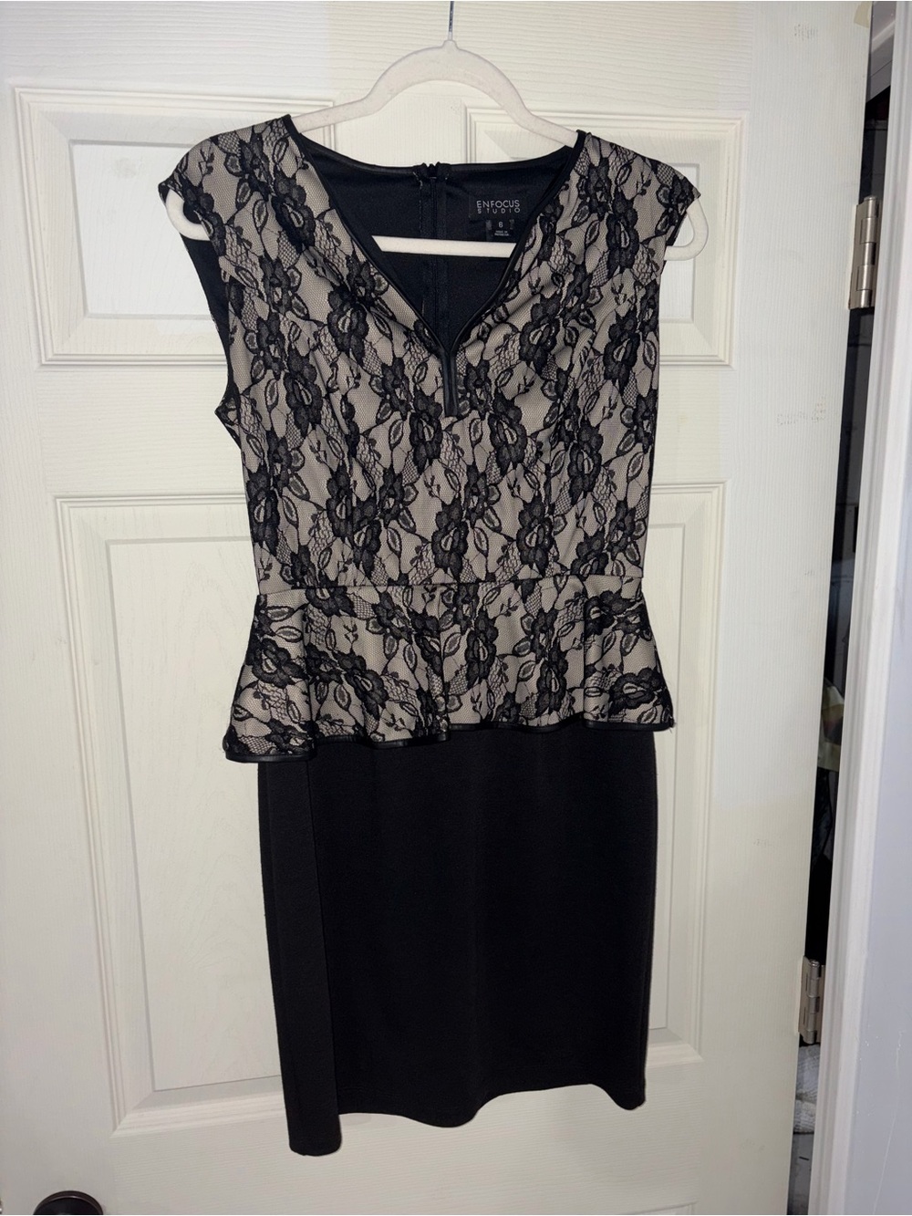 Enfocus Studio Black Lace Peplum Dress with Beige Underlay